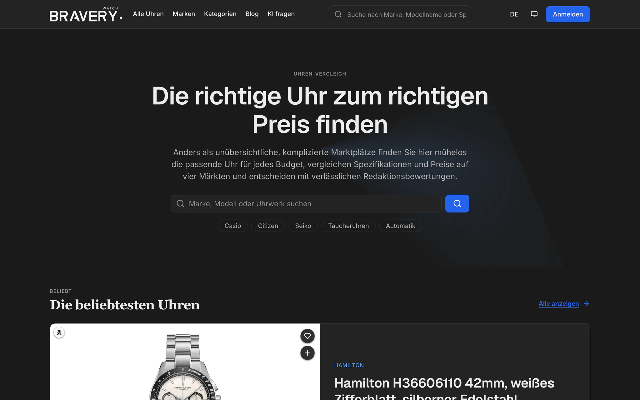 Startseite von braverywatch.com: Uhrensuche und die beliebtesten Uhren