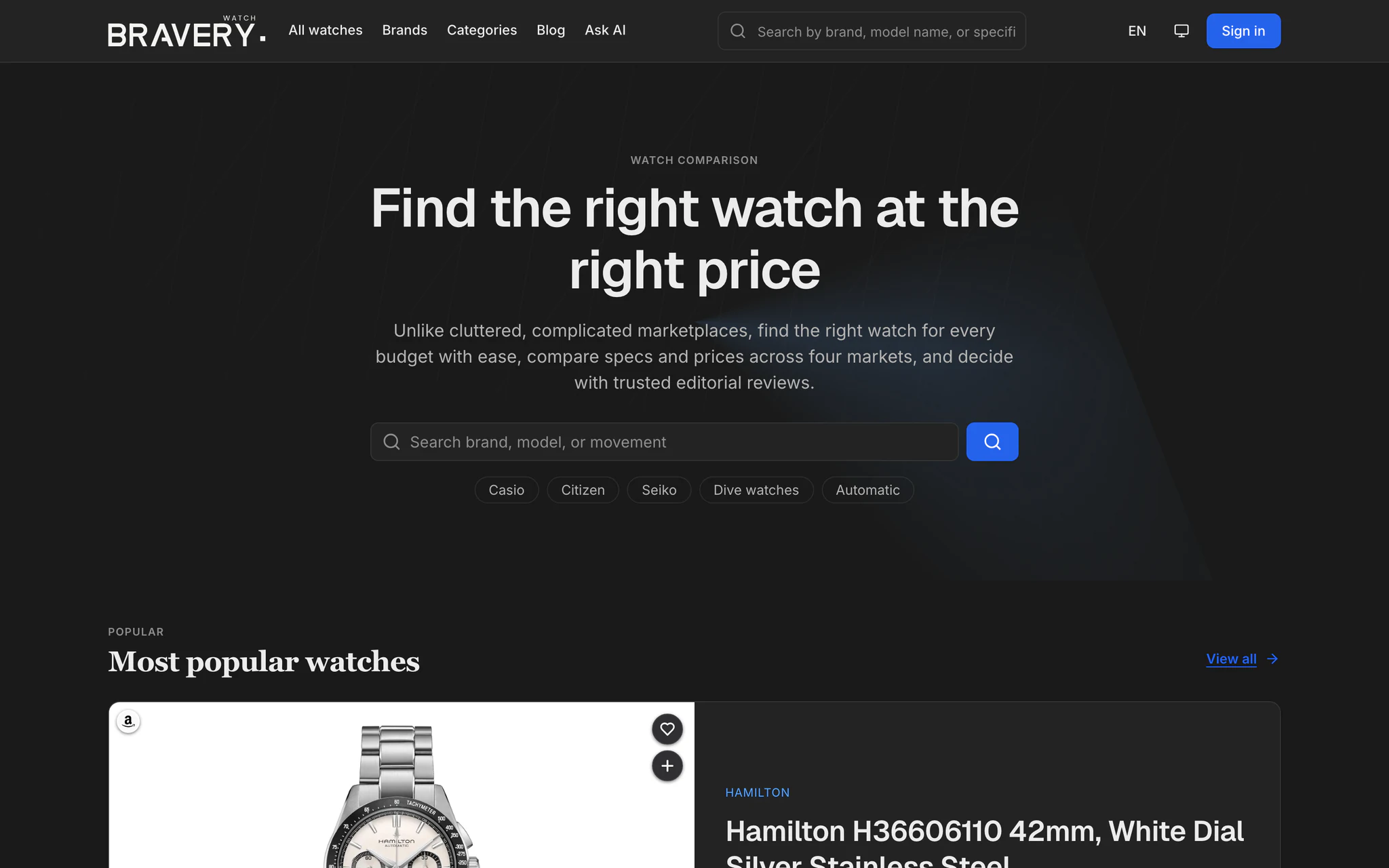 braverywatch.com home page: watch search and the most popular watches