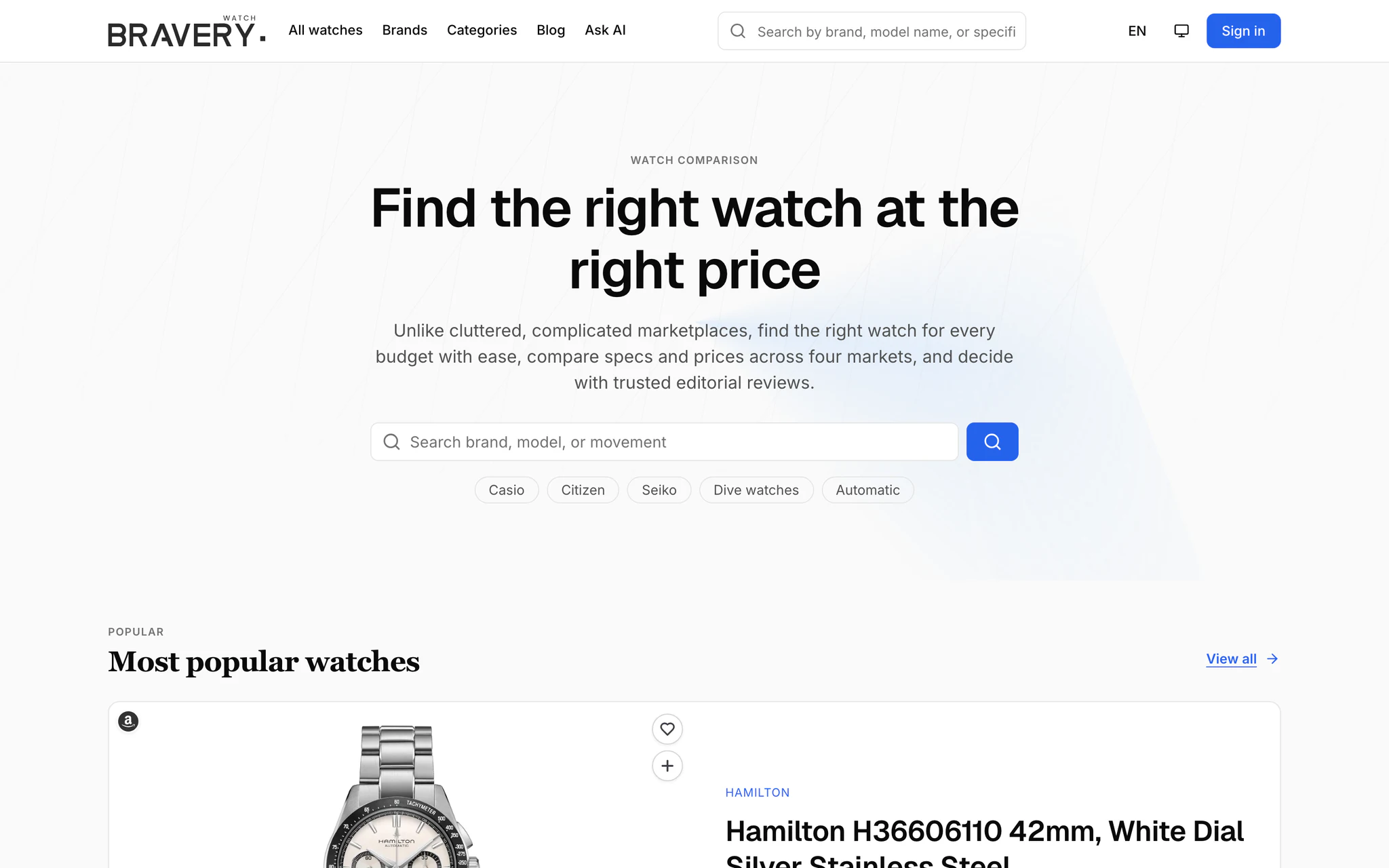 braverywatch.com home page: watch search and the most popular watches